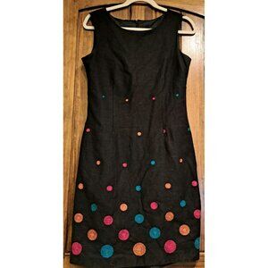 John Roberts Linen Blend Dress Womens Size 10 Lined Embroidered Polka Dot Black